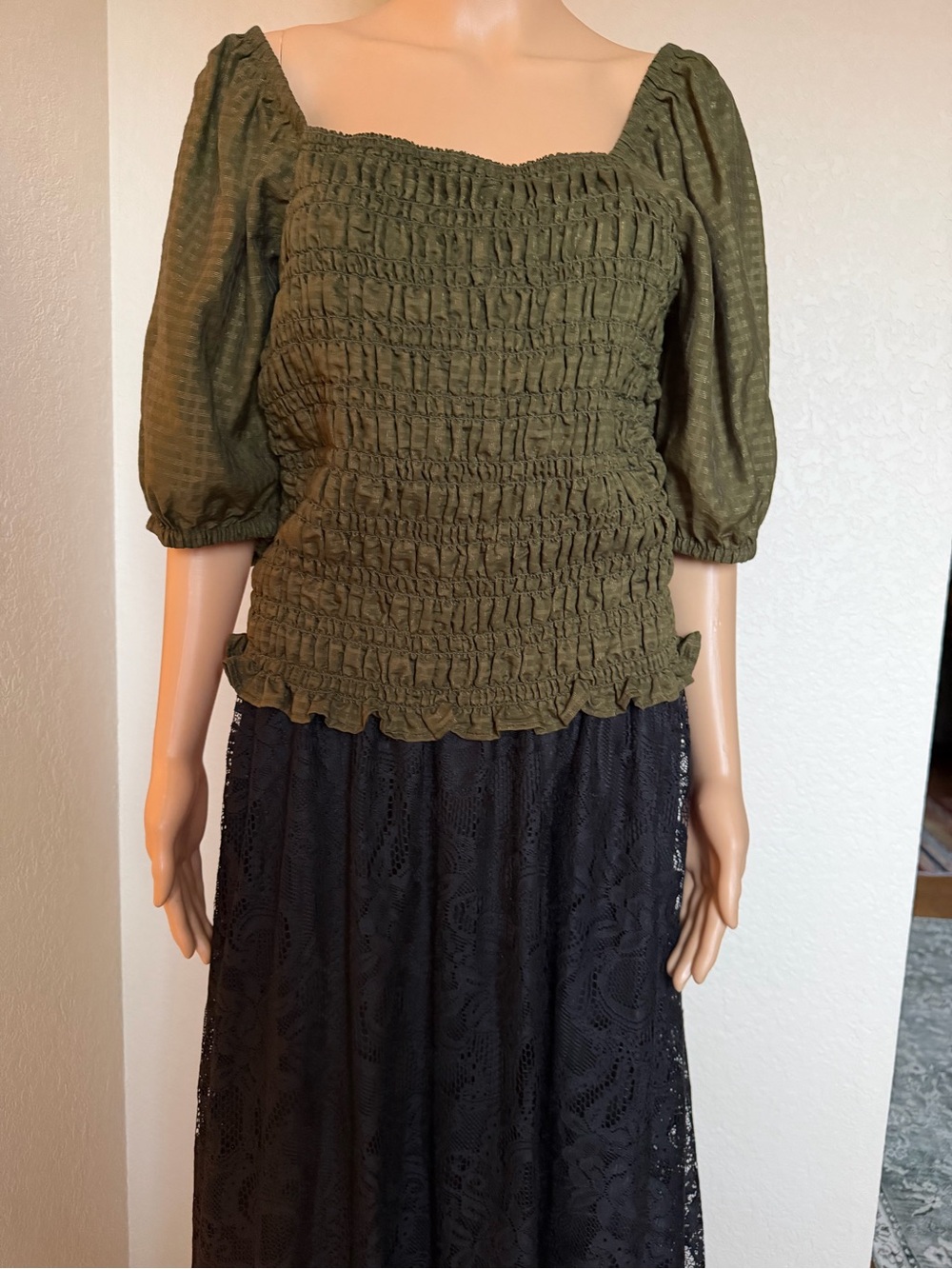 Olive green Old Navy smocked top with puffy sleeves. Size large. - Picture 6 of 7